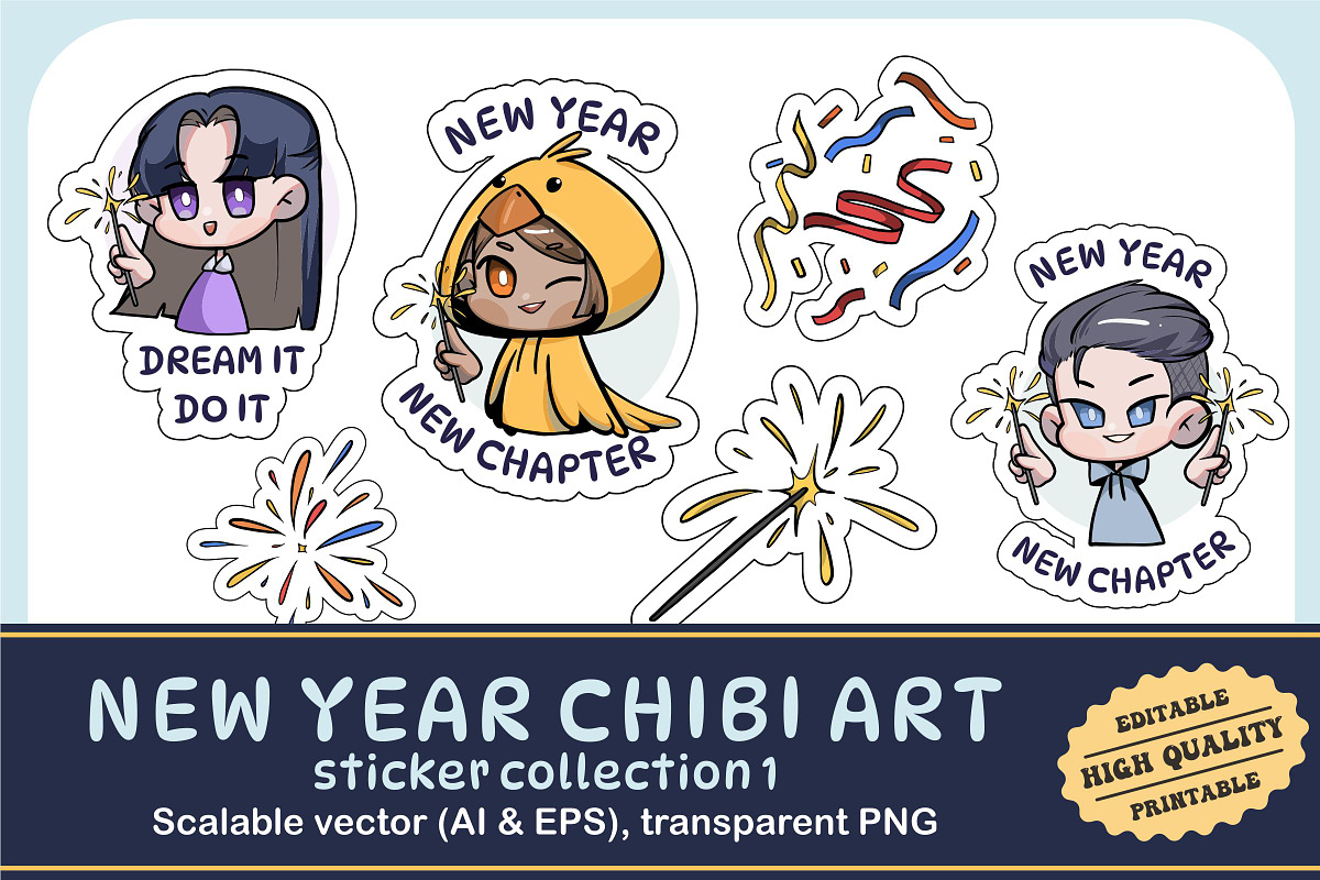 New Year Chibi Art Sticker Set 1, an Illustration by vectstudio (Photo 1 of 3)
