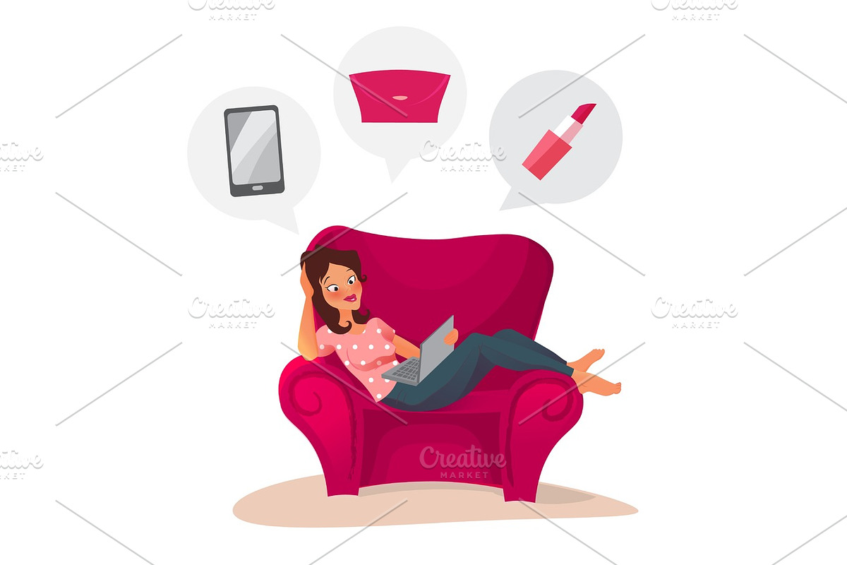Happy woman doing online shopping at home, a Person Illustration by aliona..almazova