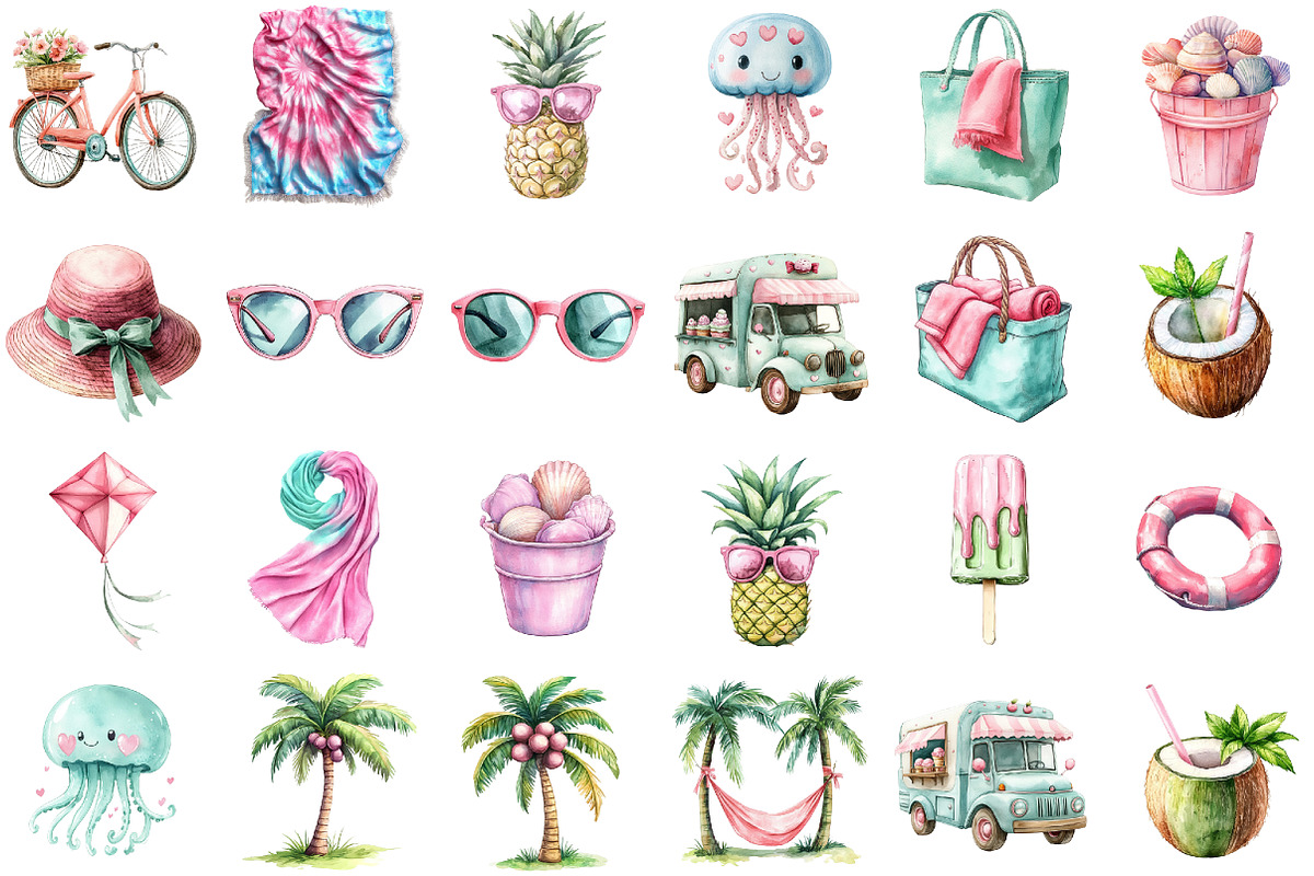Watercolor Pink & Mint Summer Clipar, an Illustration by Sublimation Artist (Photo 3 of 6)