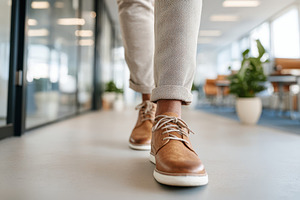 Walking in stylish brown shoes in a modern office, a Business Photo by AlyaAnd
