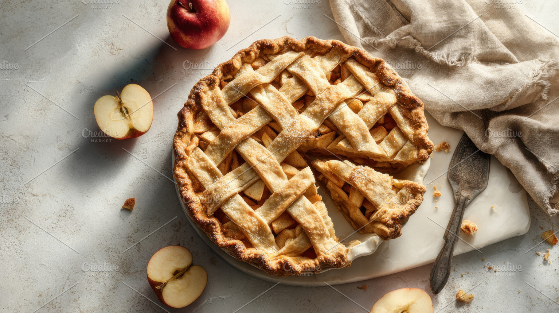 Apple pie on a marble surface, a Photo by Beautiful things