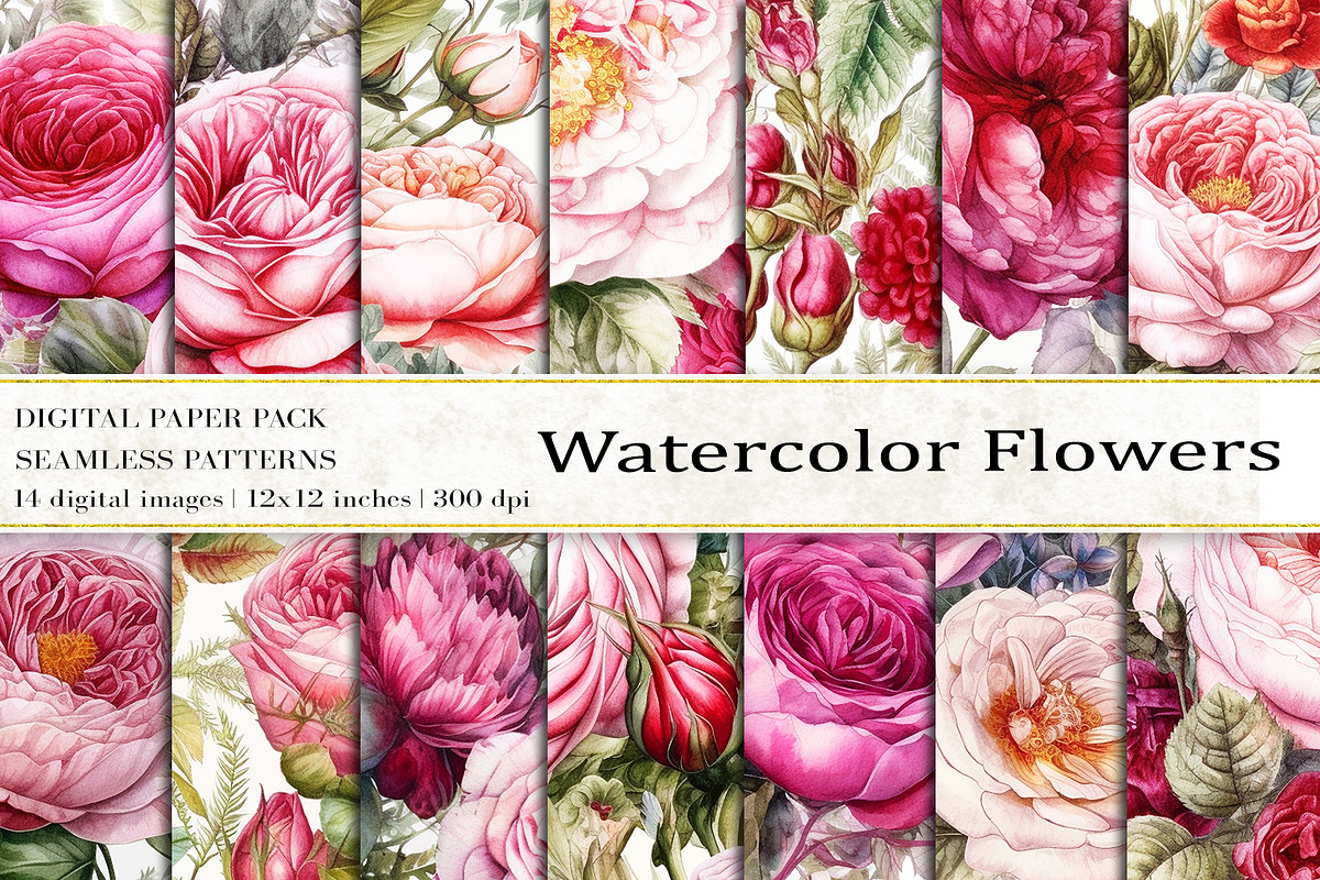 Watercolor Flowers Digital Papers, a Pattern Graphic by BonaDesigns (Photo 1 of 6)