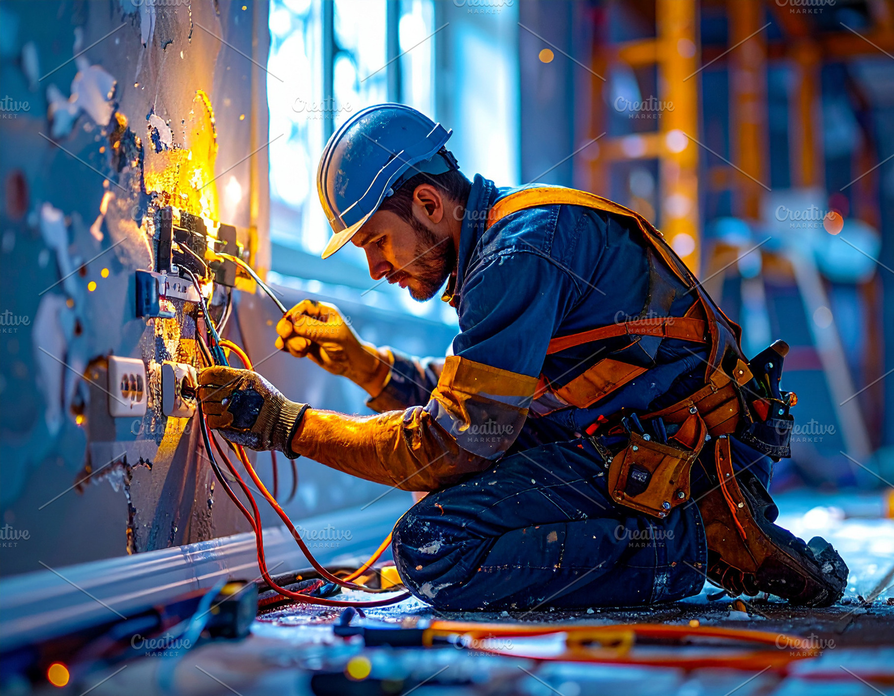 Young electrician installing electrical wiring and wall outlets, a Photo by DanFLCreativo