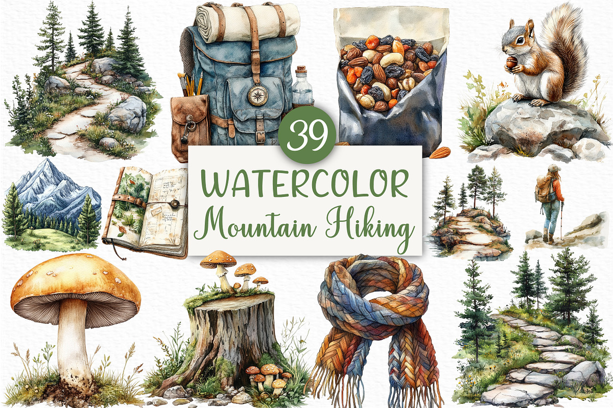 Watercolor Mountain Hiking Clipart, an Illustration by Craft Nest (Photo 1 of 6)