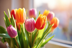 Sunlit colorful tulips in a pot, a Nature Photo by AlyaAnd