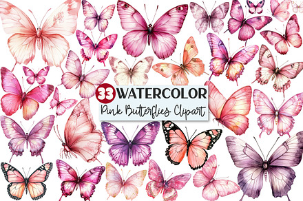 Pink Watercolor Butterflies Clipart, an Illustration by Rose Art