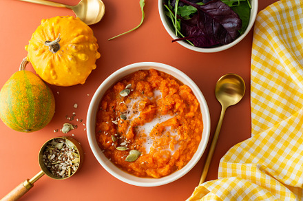 Pumpkin soup with seeds and coconut, a Food & Drink Photo by Pandateam