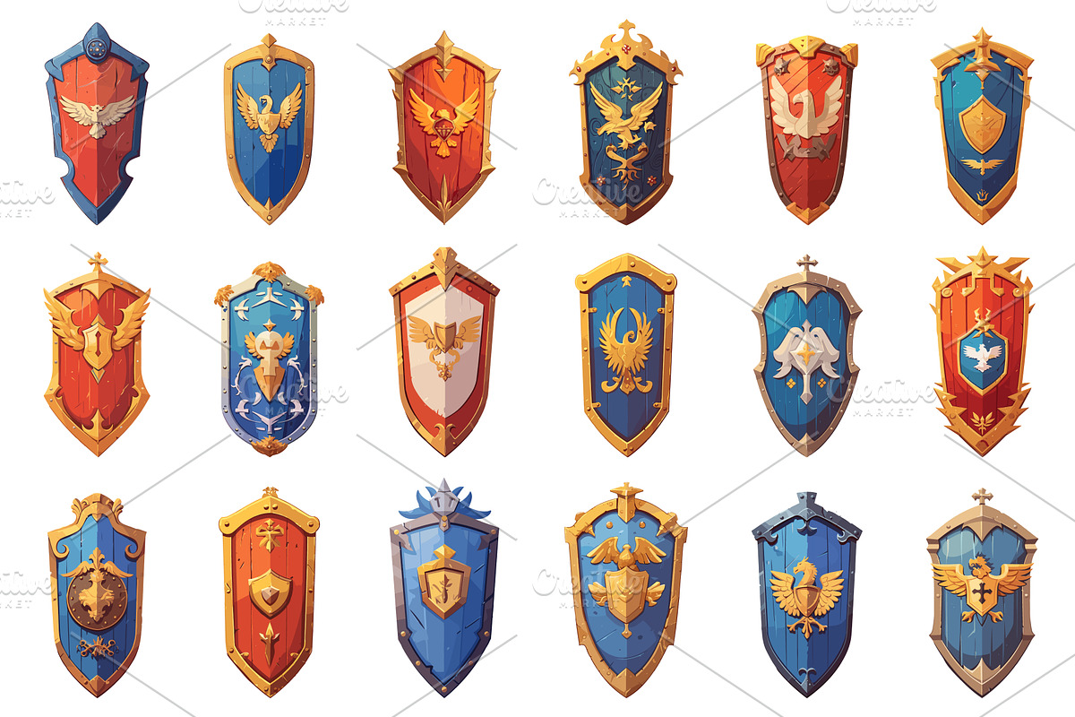 Set of cartoon shields with, an Object Illustration by LadadikArt