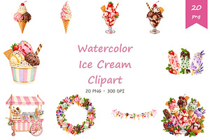 Watercolor Ice Cream Clipart, a Food Illustration by BerryPieArt