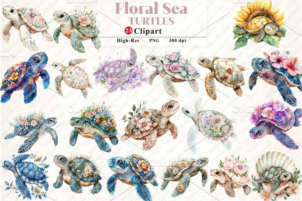 Watercolor Floral Sea Turtles, an Illustration by Watercolor design (Photo 1 of 11)