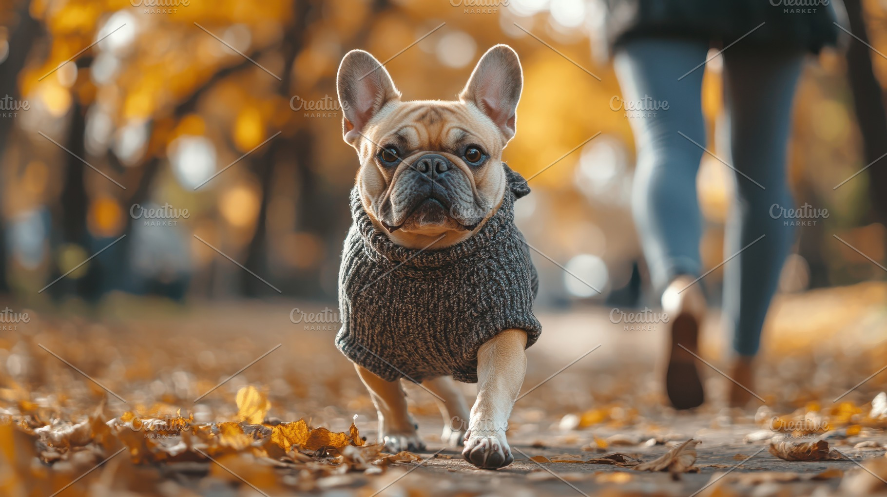 Dog in sweater strolls through autum, an Animal Photo by Pixeness Studio