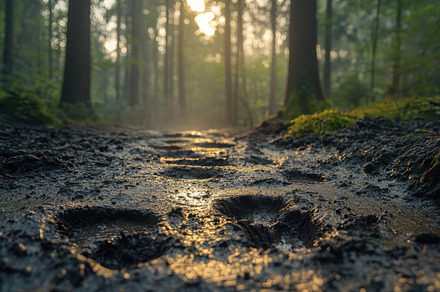 Muddy forest path with footprints, s, a Background Photo by Pixeness