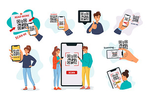 QR code frames with people. Cartoon, a Technology Illustration by winwin.art