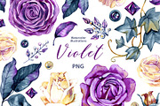 Watercolor violet roses and gems, a Decorative Illustration by NataliMiasStore (Thumbnail 1 of 5)