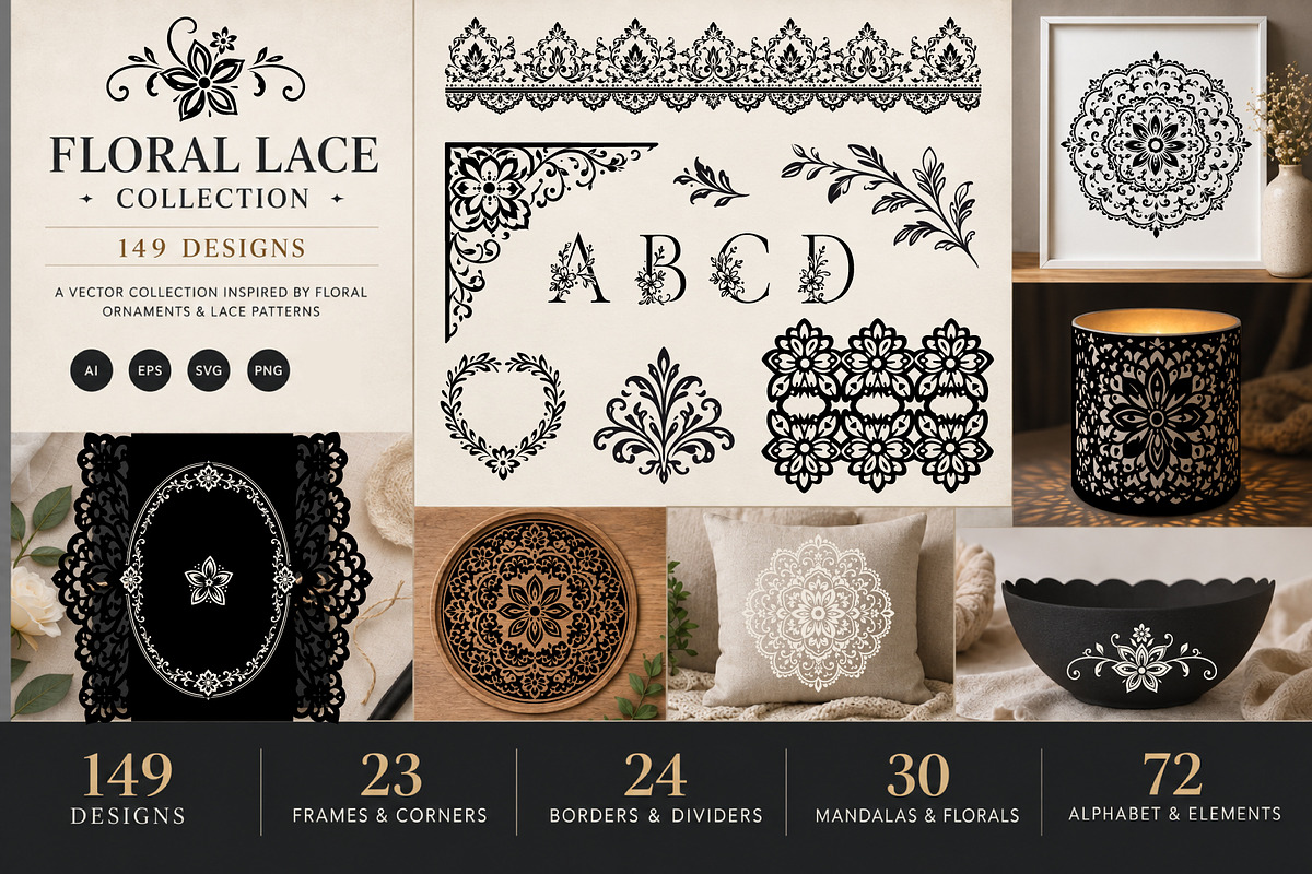 Floral Lace Frames & Ornament Bundle, an Object Graphic by Christine Krahl (Photo 1 of 24)