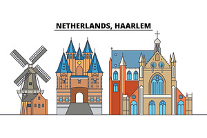 Netherlands, Haarlem. City Skyline, Architecture, Buildings, Streets, Silhouette, Landscape, Panorama, Landmarks. Editable Strokes. Flat Design Line V