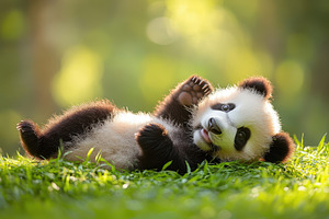 Adorable Panda Cub Playing in Grass, an Animal Photo by Pixeness Studio