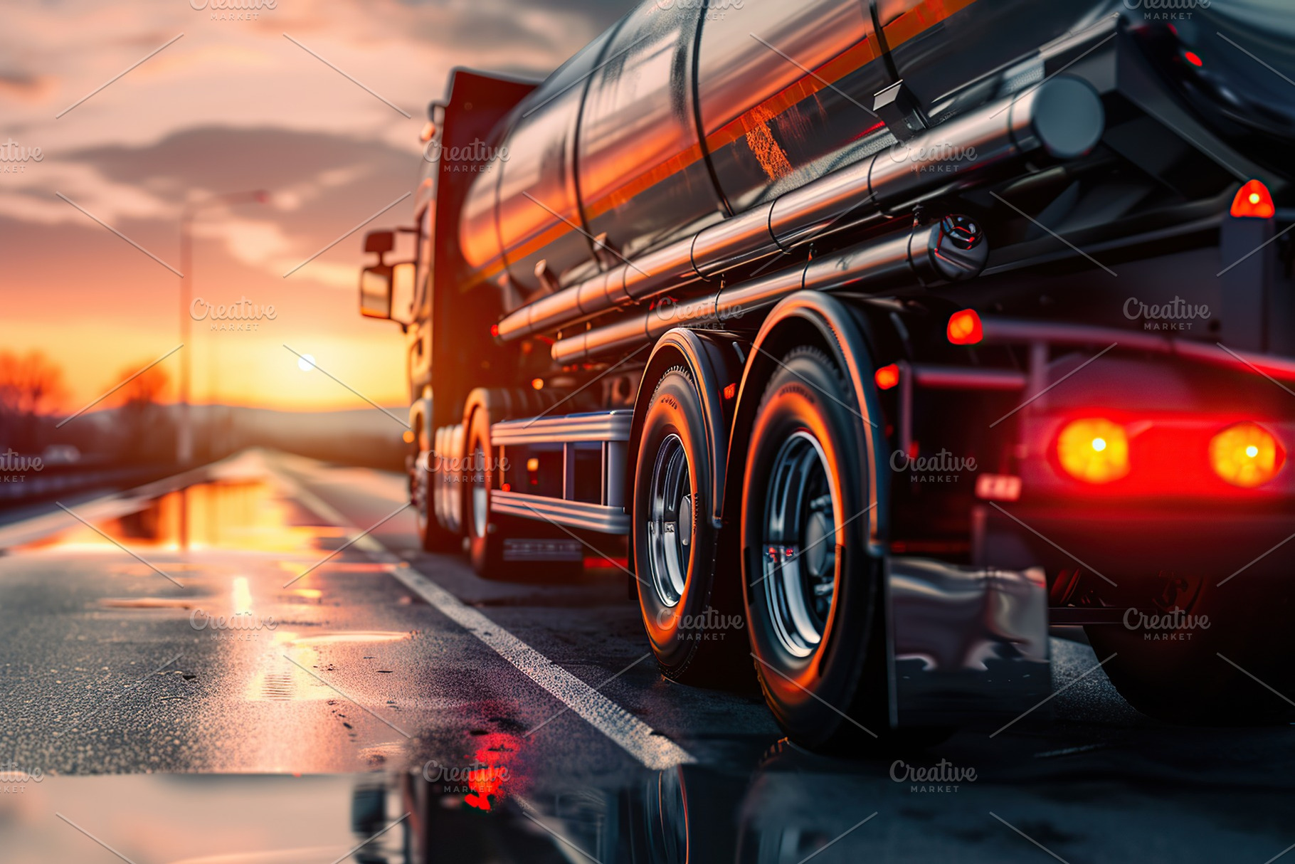 Big fuel tanker truck on the road with sunset, a Transportation Photo by AlyaAnd