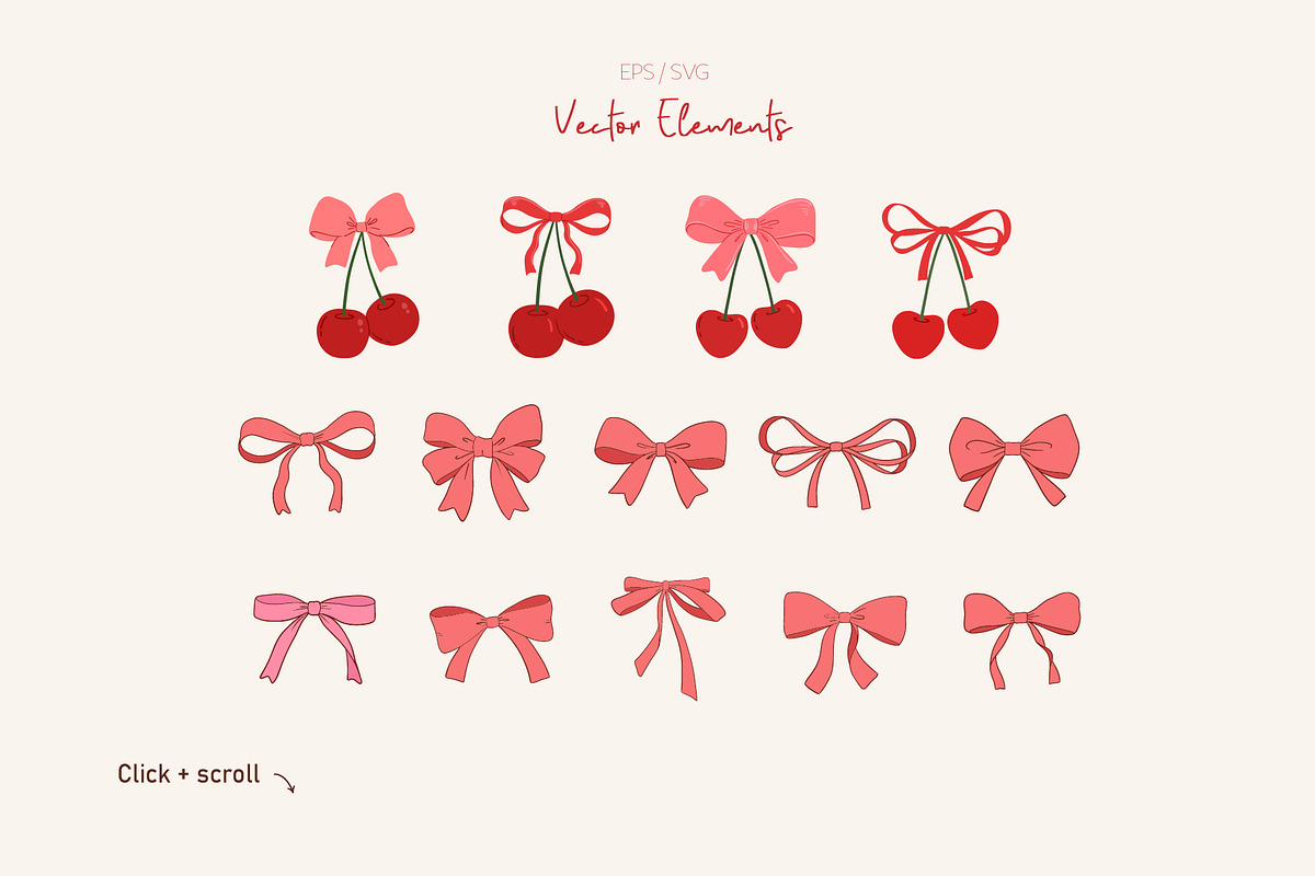 Coquette pink bow and cherry clipart, a Decorative Illustration by ElenaPlatovaArt (Photo 3 of 7)
