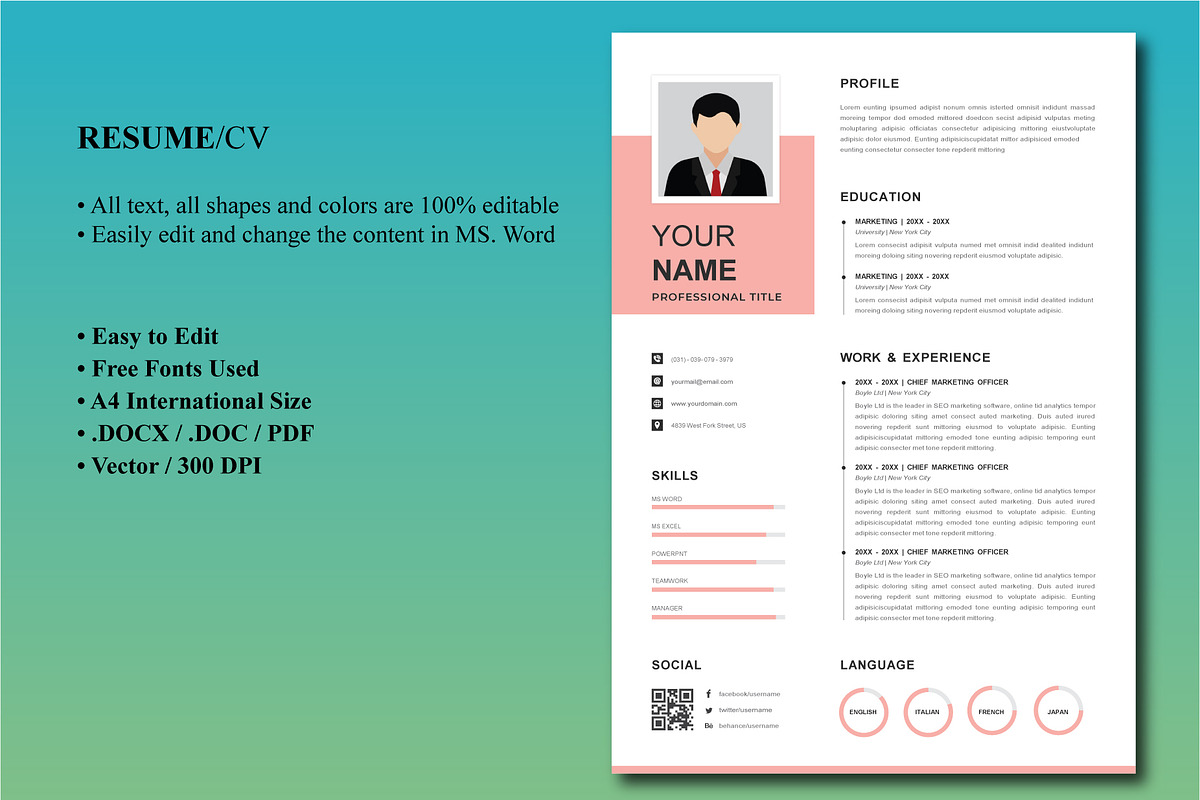 1 Pages Clean CV Template | MS Word, a Resume Template by Blue Digital ...