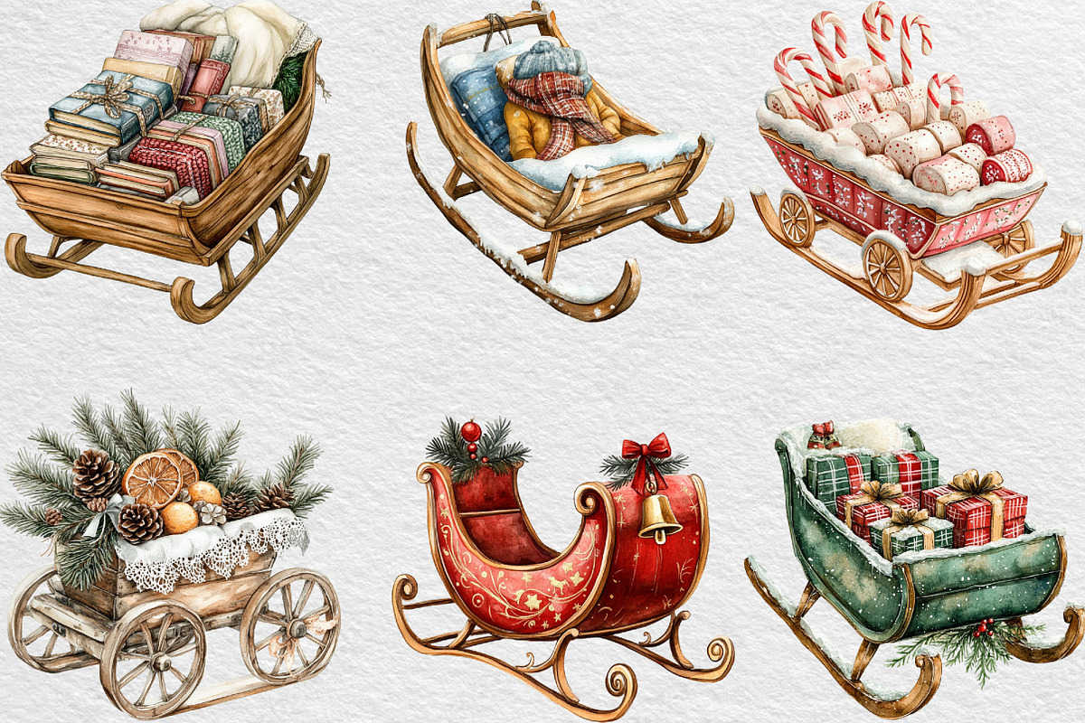 Christmas Sleigh Sublimation Clipart, an Illustration by Black Bird Studio (Photo 4 of 6)