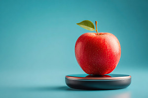Single red apple resting on a sleek high-tech charging pad against a blue backg, a Food & Drink Photo by AlyaAnd