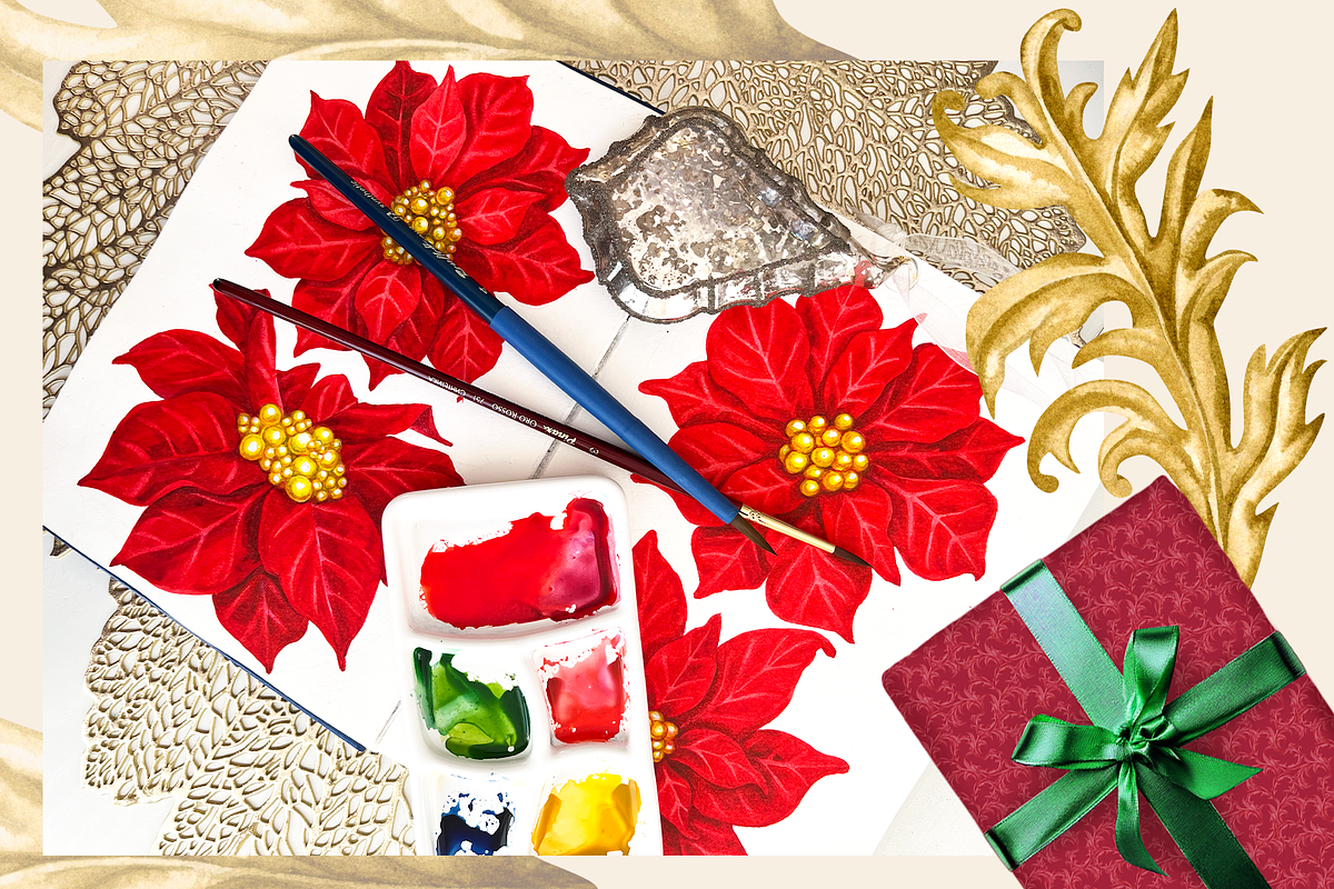 Red Poinsettia, Christmas watercolor, an Illustration by EL_SUHOVA (Photo 3 of 18)