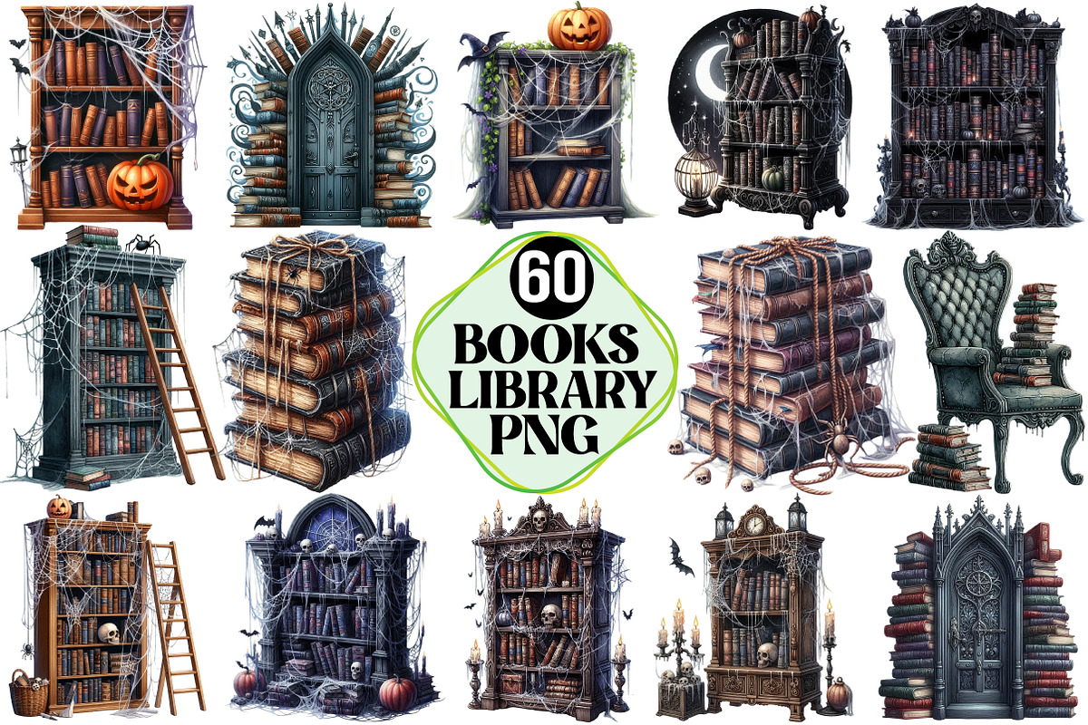 Spooky Books Library Clipart, an Illustration by Pixels.Craft (Photo 1 of 7)