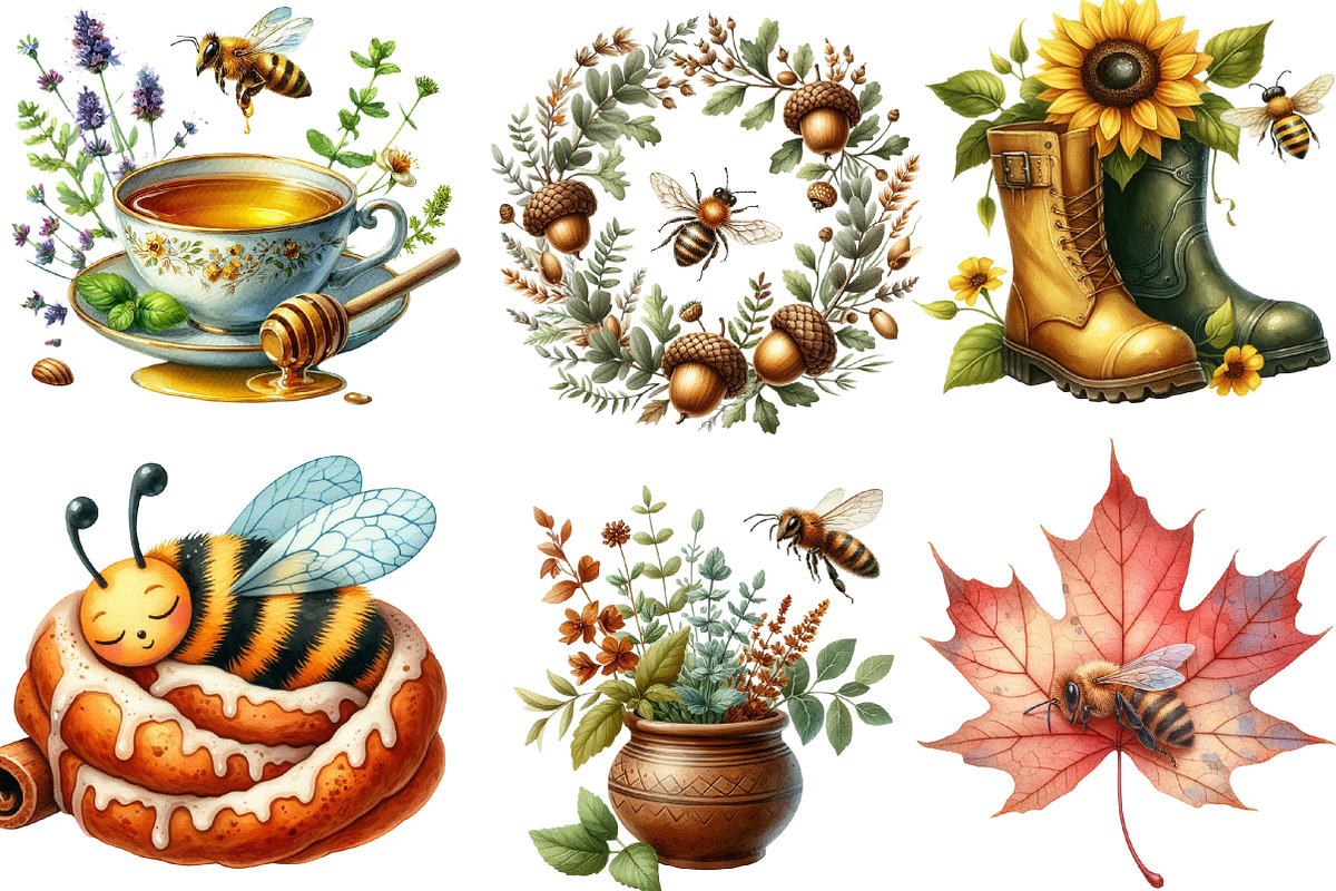 Watercolor Autumn Bees Garden PNG, an Illustration by Designking (Photo 2 of 4)