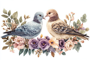 Two doves nestled in floral watercol, a Photo by Pixeness Studio