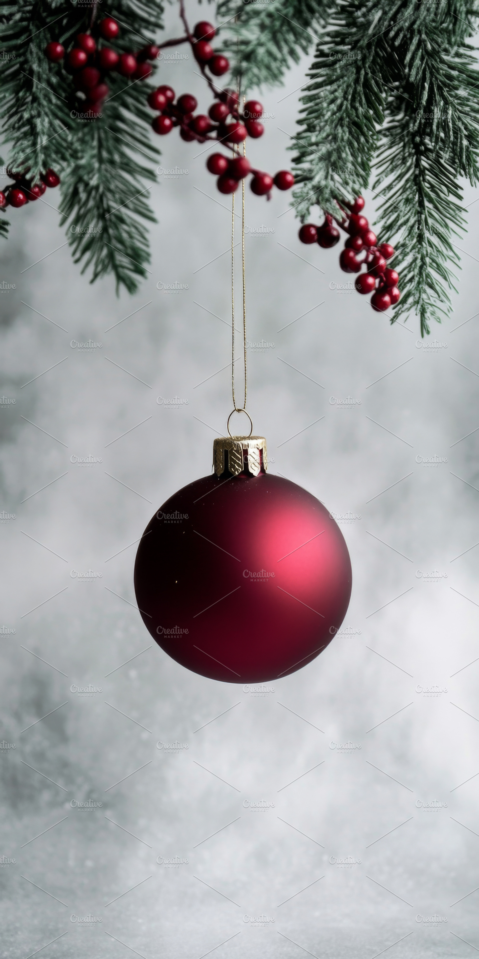 Red Christmas ornament hanging from Christmas tree branch, suita, a Photo by Dvoevnore photos