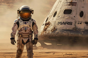 Spacecraft and astronaut on Mars sur