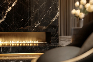 Modern Black Marble Fireplace with Designer Lounge Chair, an Abstract Photo by Natalia Klenova's Shop
