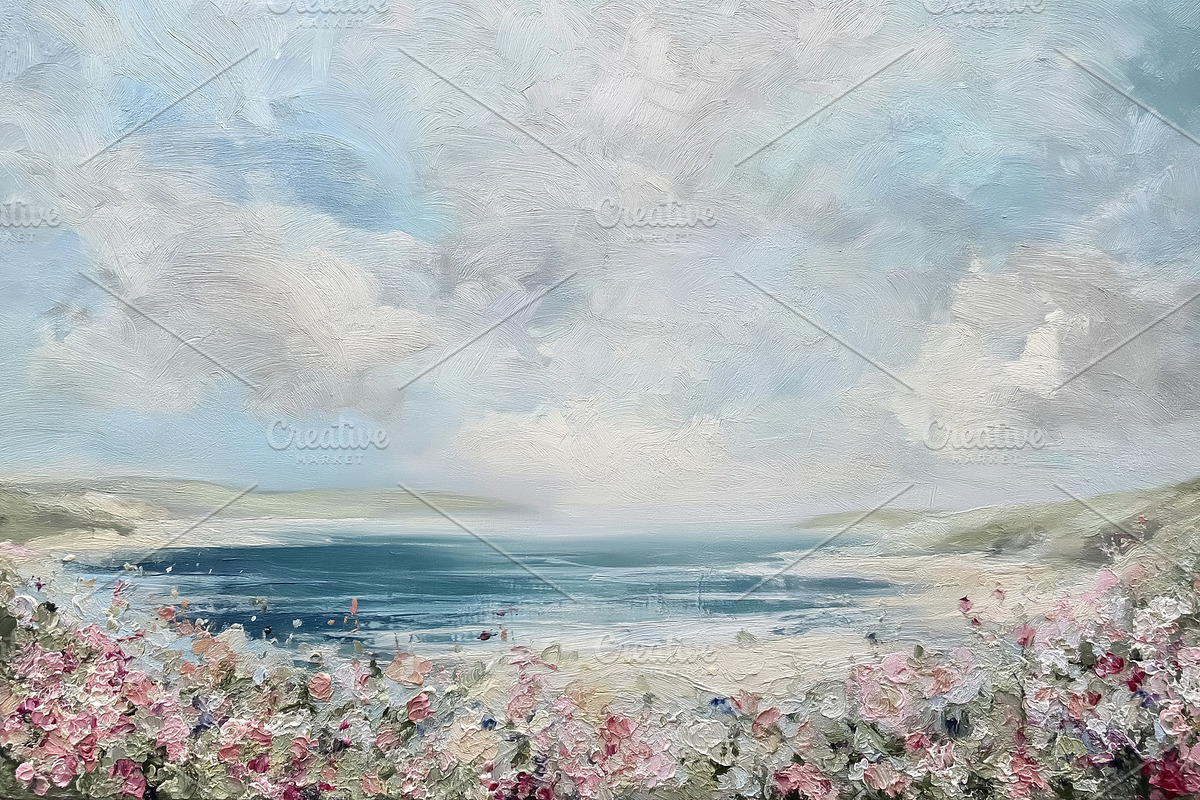 Fine Art. Impressionist seascape painting depicting a serene coa, a Decorative Illustration by Studio ANNA