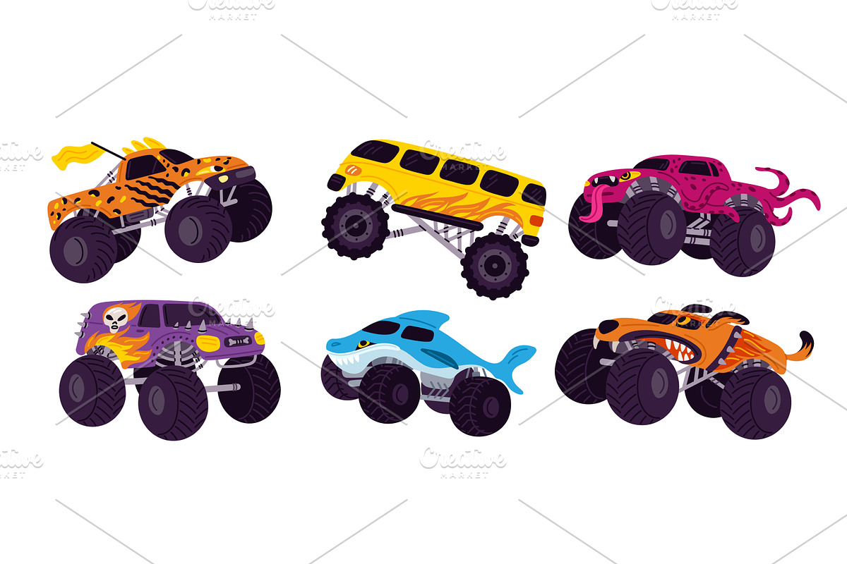 Cartoon monster trucks. Kids car, a Transportation Illustration by Vectorbuum