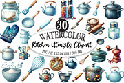 Watercolor Kitchen Utensils Clipart, an Illustration by Designking (Thumbnail 1 of 5)