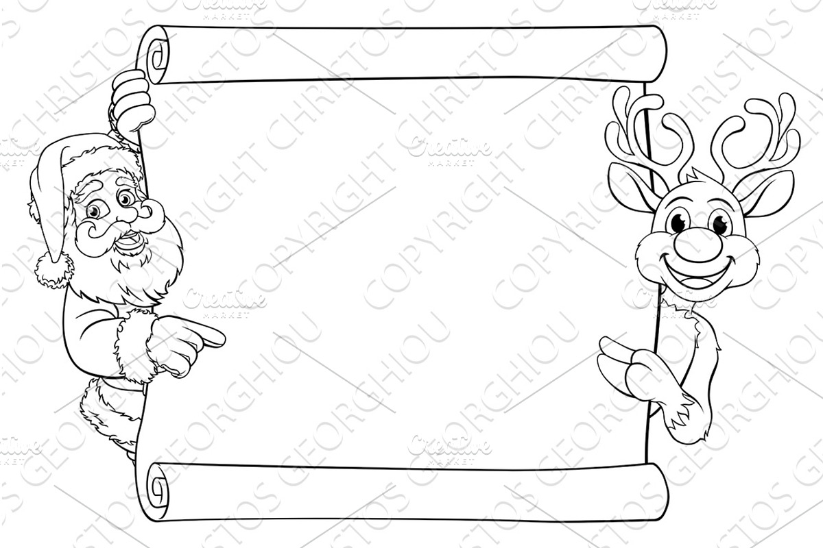 Santa and Reindeer Scroll Coloring, an Illustration by Christos Georghiou