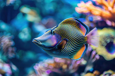 Jaw triggerfish in aquarium with blue water and corals, an Animal Photo by AlyaAnd