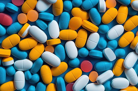 Illustration of different medicine pills on blue background, a Health & Medical Photo by AlyaAnd