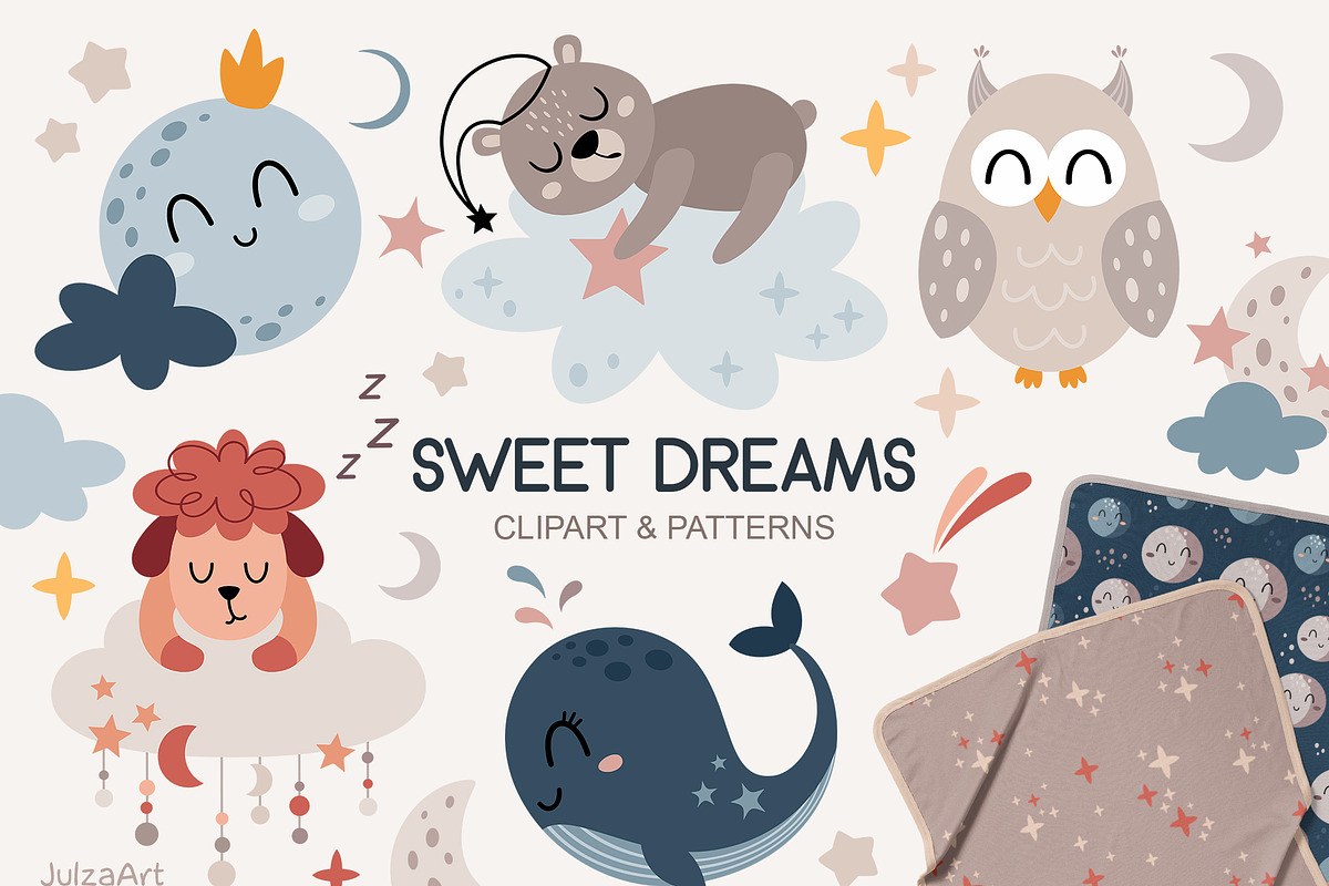 Sweet dreams clipart & patterns, an Animal Illustration by JulzaArt (Photo 1 of 9)