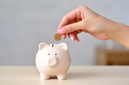 Female hand putting coin into piggybank on wooden background, a Business Photo by AlyaAnd