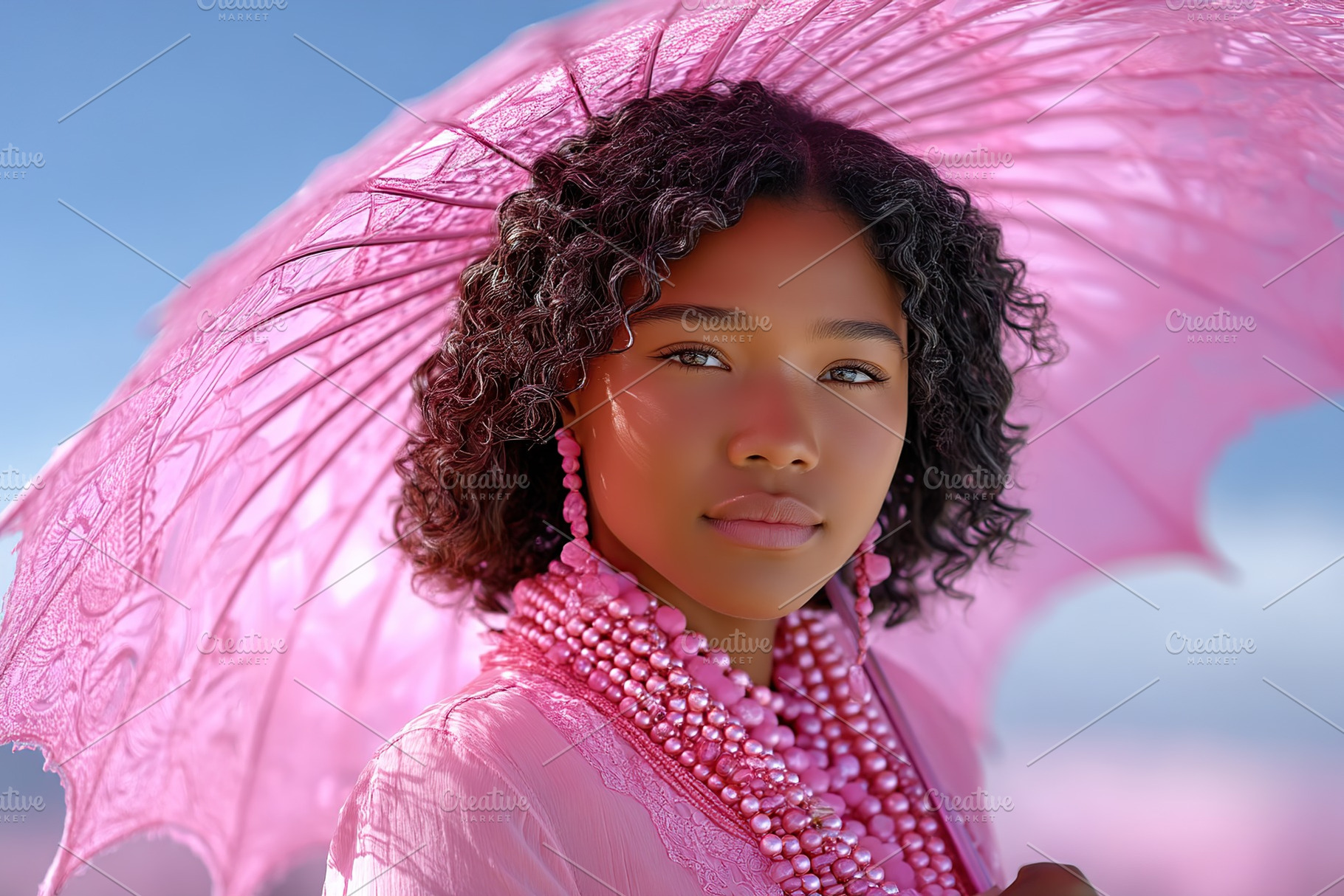 Young African woman with curly hair holding a pink umbrella in a bright, sunny, a Person Photo by AlyaAnd