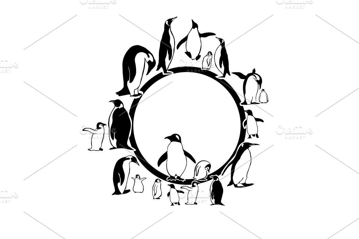 Round frame with penguins. penguin, an Animal Illustration by Nenahliadava Design