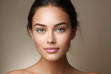 Portrait shot of a woman with a natural and glowing makeup look., a Beauty & Fashion Photo by designvectx