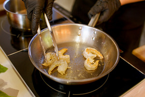 Preparing prawn seafood recipe chef oil pan hand, a Food & Drink Photo by Photo Drive Studio