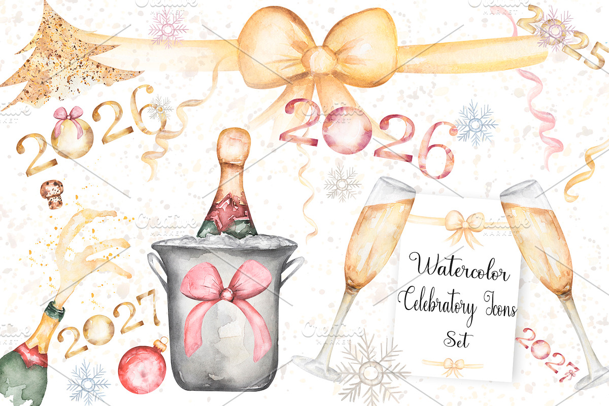 Watercolor Celebratory Icons Set, a Decorative Illustration by MayaNavits (Photo 1 of 6)