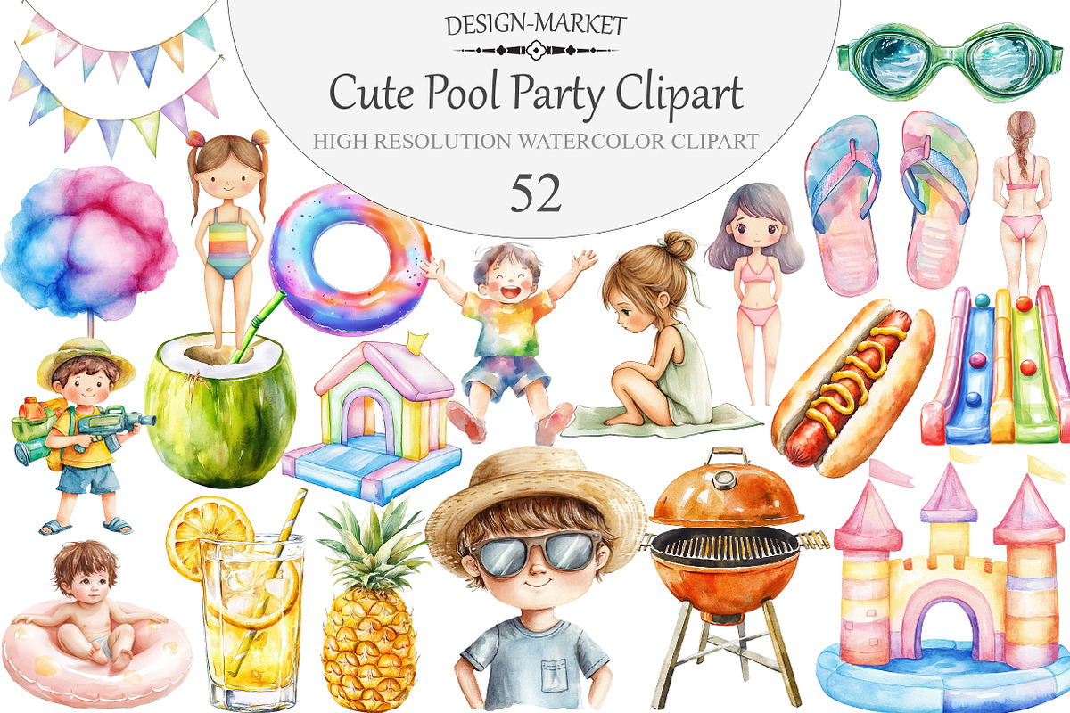 Watercolor Cute Pool Party Clipart, an Illustration by Design Market (Photo 1 of 5)