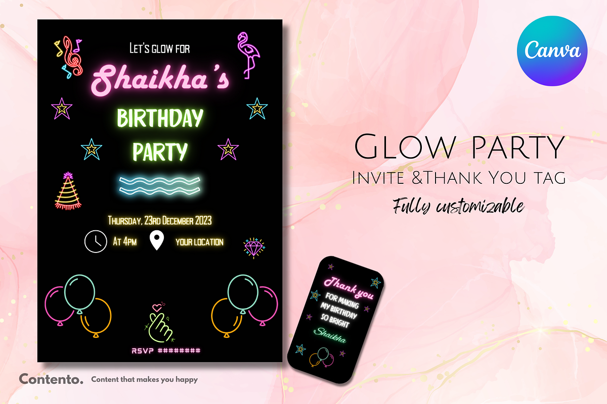 Glow Party Invite and Thank You Tag, a Stationery Template by Contento BH