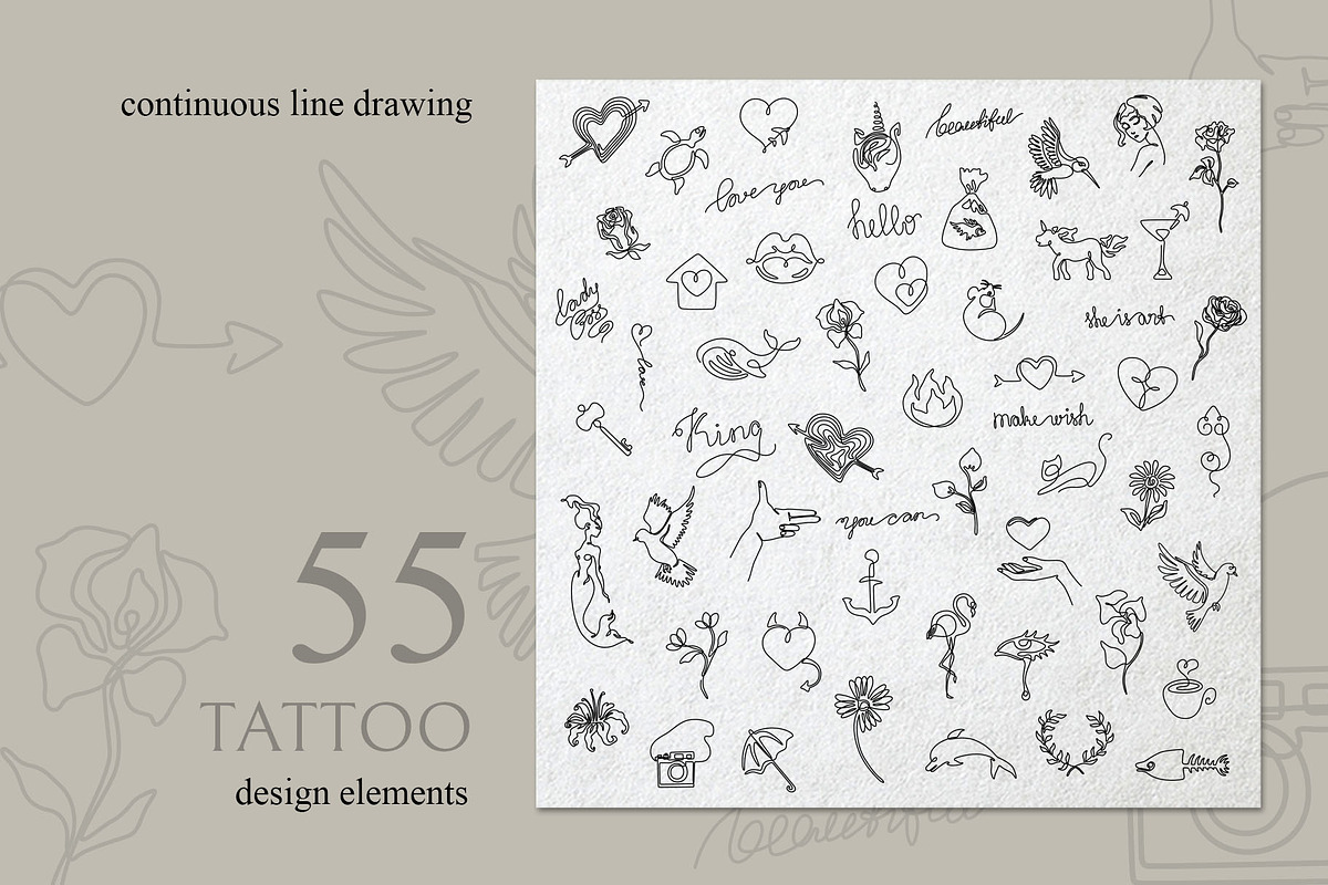 Set of 55 Tiny Tattoos Design, an Object Illustration by Anastasiia_Dzhioeva (Photo 1 of 2)