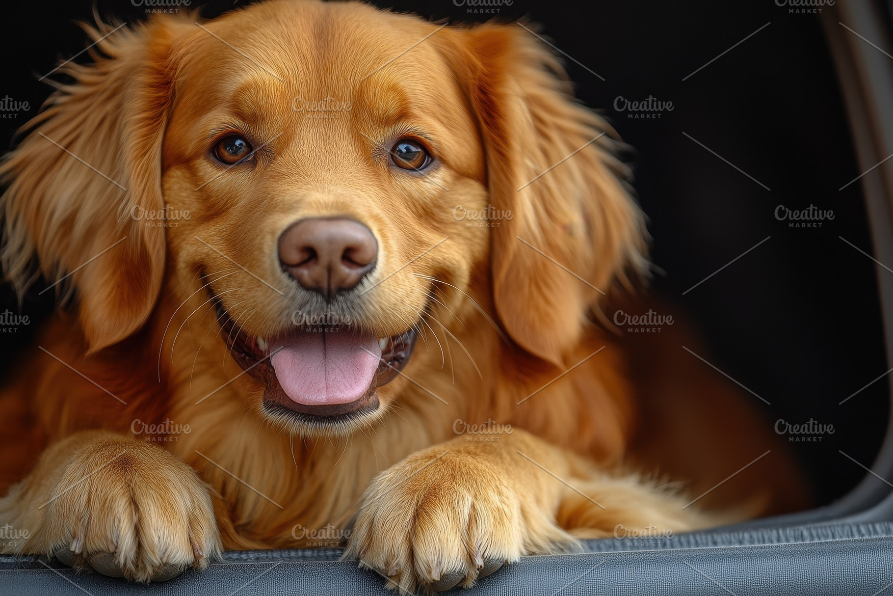 Golden retriever relaxing in a car,, a Photo by Tanuart